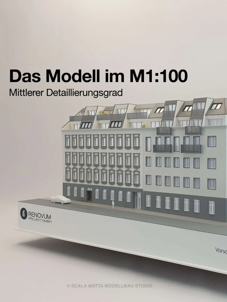 Modell M 1:100 – mittlere Detaillierung Architekturmodell eines Neubaus im Maßstab 1:100 mit mittlerem Detaillierungsgrad"
title="Neubau-Modell im Maßstab 1:100 – mittlerer Detaillierungsgrad