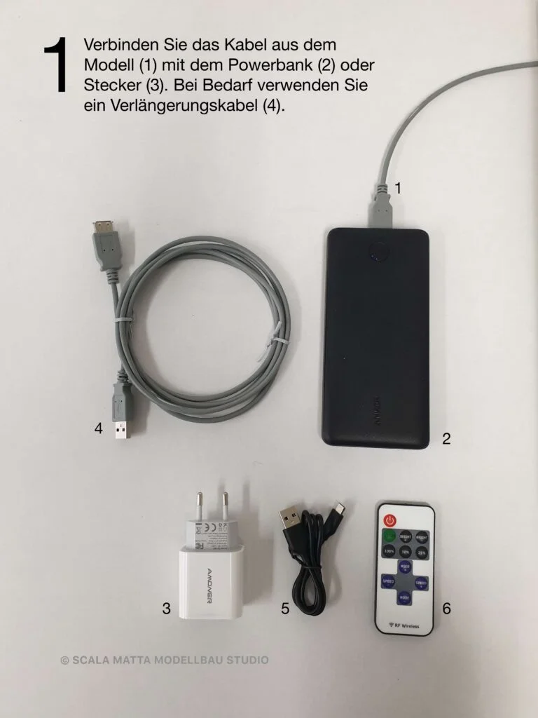 Übersicht der Stromversorgung für Modellbeleuchtung mit Powerbank, Netzstecker, Verlängerungskabel und Fernbedienung zur Steuerung des Lichts im Modell