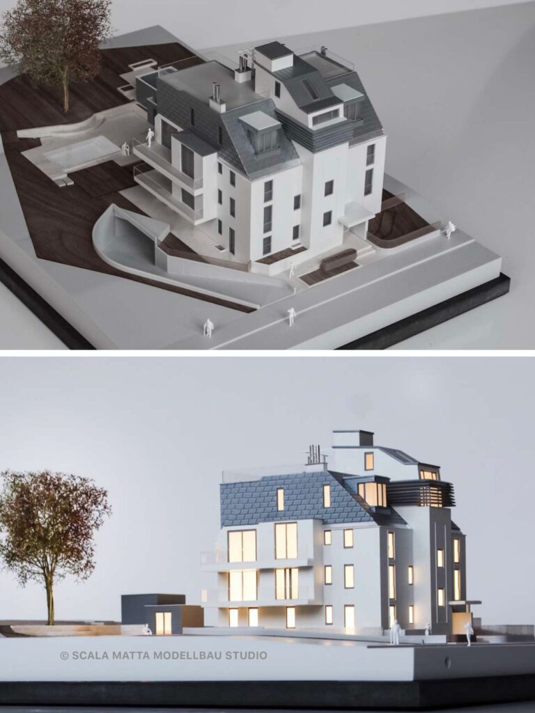 Immobilienmodell mit und ohne Beleuchtung – Architekturmodell zur Darstellung der Lichtwirkung