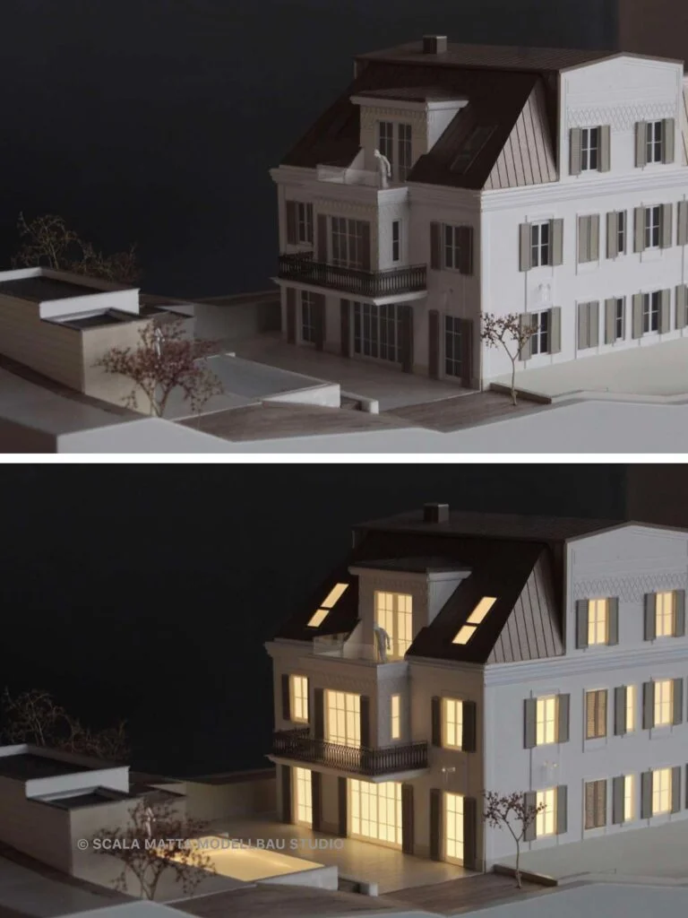 Architekturmodell im Vergleich ohne und mit Beleuchtung, Darstellung der Lichtwirkung auf Fassade, Fenster und Eingangsbereich bei Abendstimmung