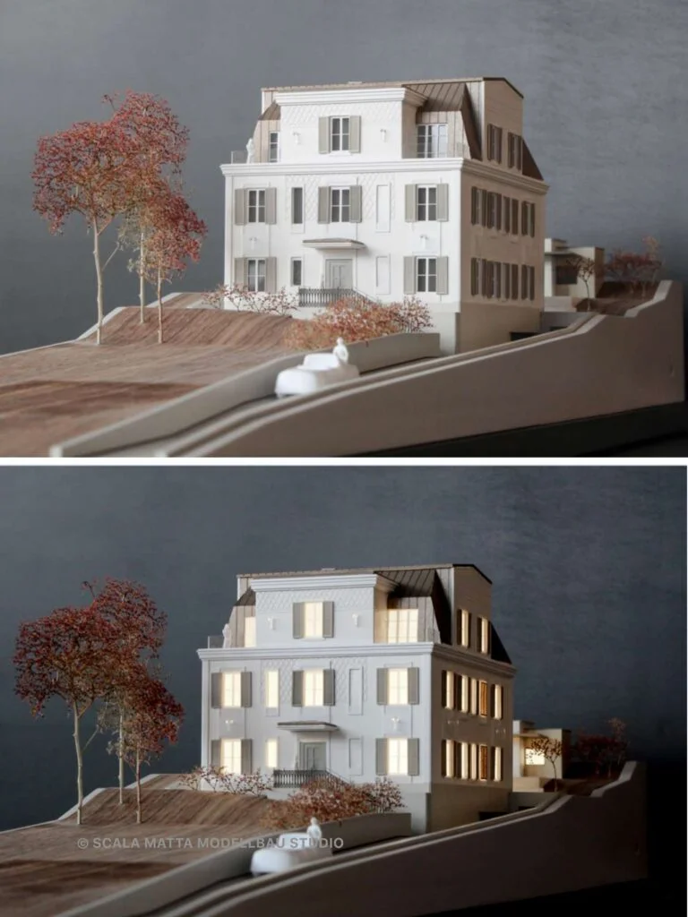 Architekturmodell im Vergleich ohne und mit Beleuchtung, Darstellung der Lichtwirkung auf Fenster, Fassade und Gebäudestruktur im Tages- und Abendmodus