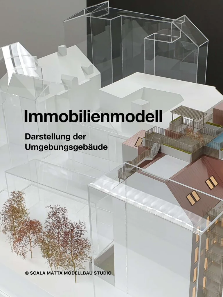 Immobilienmodell mit Darstellung der Umgebungsgebäude und Nachbarbebauung, Architekturmodell zur Einordnung von Maßstab und städtebaulichem Kontext